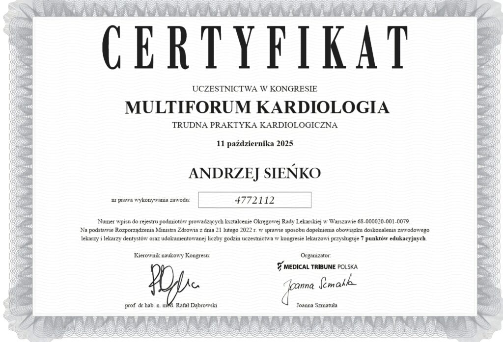 Certyfikat uczestnictwa w konkresie Multiforum Kardiologia zdobyty przez kardiologa Centrum Medycznego neoMedica dr n. med. Andrezja Sieńko.