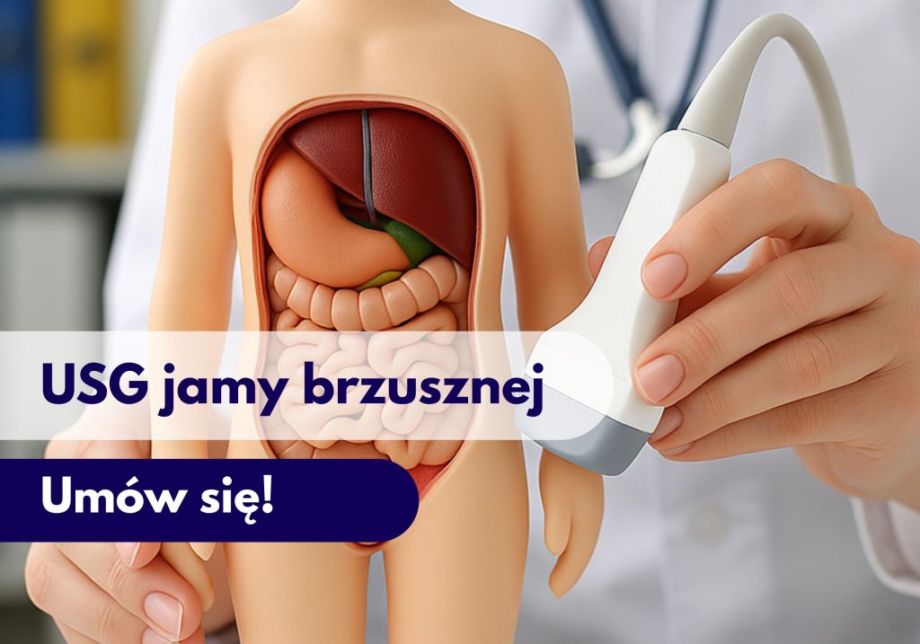 Głowica USG przykładana przez lekarza do modelu przedstawiającego jame brzuszną podczas wizyty w Centrum Medycznym neoMedica w Poznaniu.