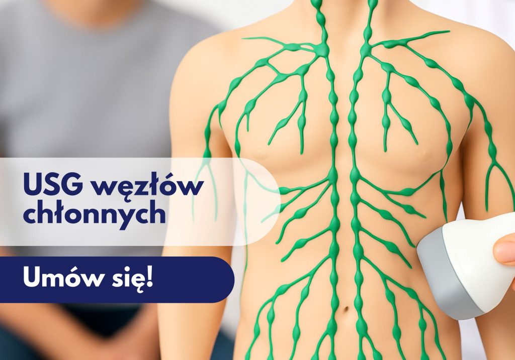Głowica USG przykładana do figurki klatki piersiowej człowieka z zaznaczonym układem węzłów chłonnych, w tle zamazana sylwetka mężczyzny – ilustracja dotycząca badania USG węzłów chłonnych w Centrum Medycznym neoMedica w Poznaniu.