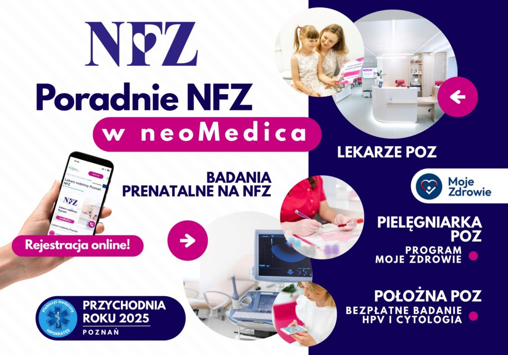 Kolaż zdjęć placówki Centrum Medycznego neoMedica w Poznaniu, gabinetu ginekologicznego, gabinetu pielęgniarki i poczelni.