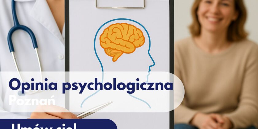 Lekarz psycholog Centrum Medycznego neoMedica w Poznaniu trzymający teczkę z ilustracja głowy człowieka, a w tle zamazana uśmiechnięta kobieta.